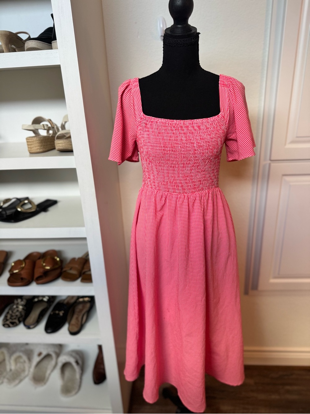 Women's Gingham Square-Neck Midi Dress with Smocked Bodice
